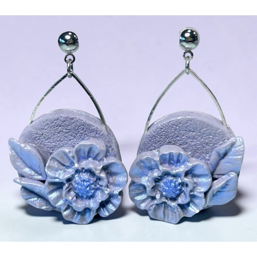 Handmade Lavender Floral Polymer Clay Flower Dangle Earrings Stainless Steel - Picture 3 of 7